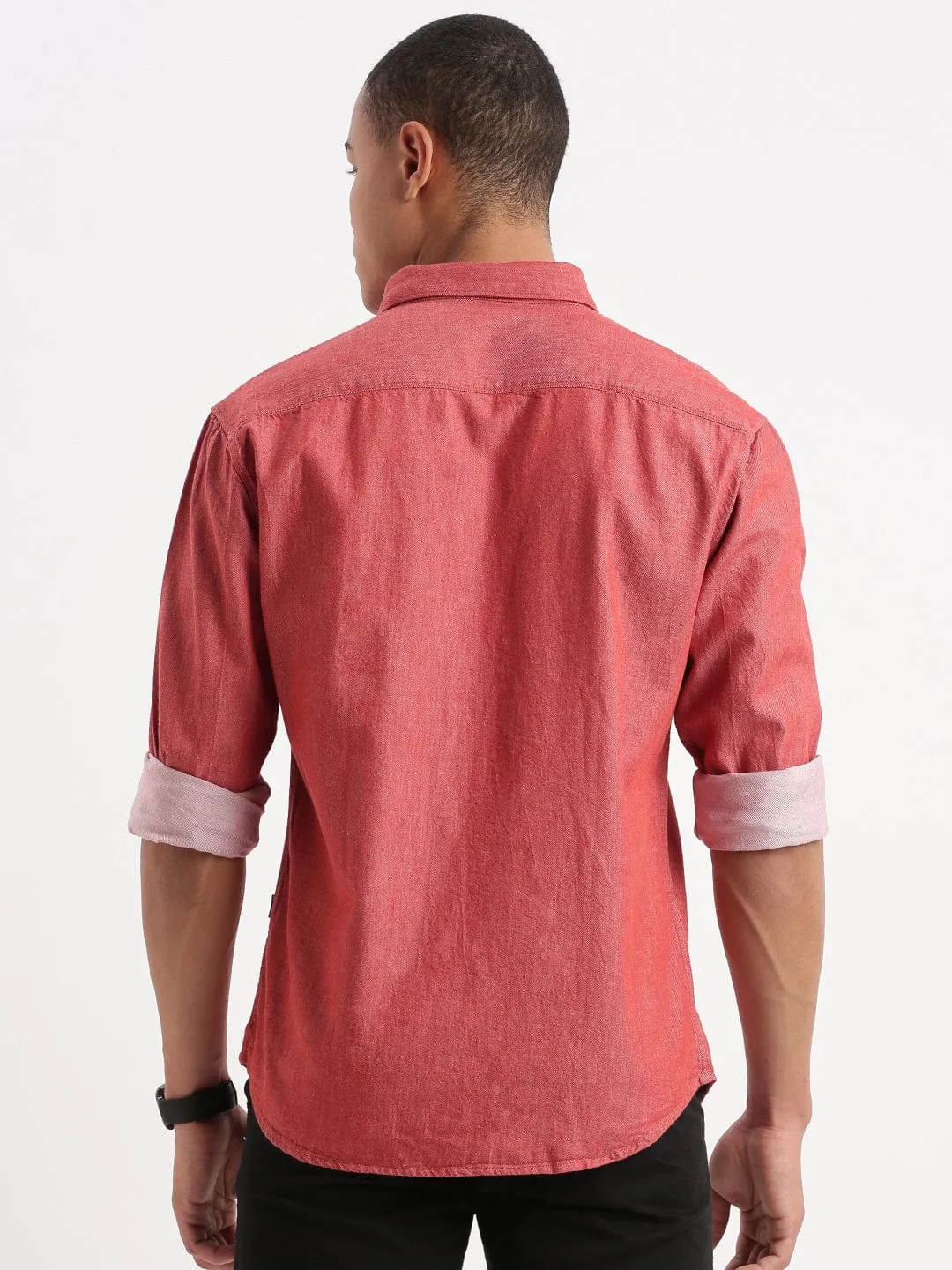 Men's Red Standard Twill Spread Collar Slim Fit Cotton Casual Shirt Warm Layers LayeredNeckline