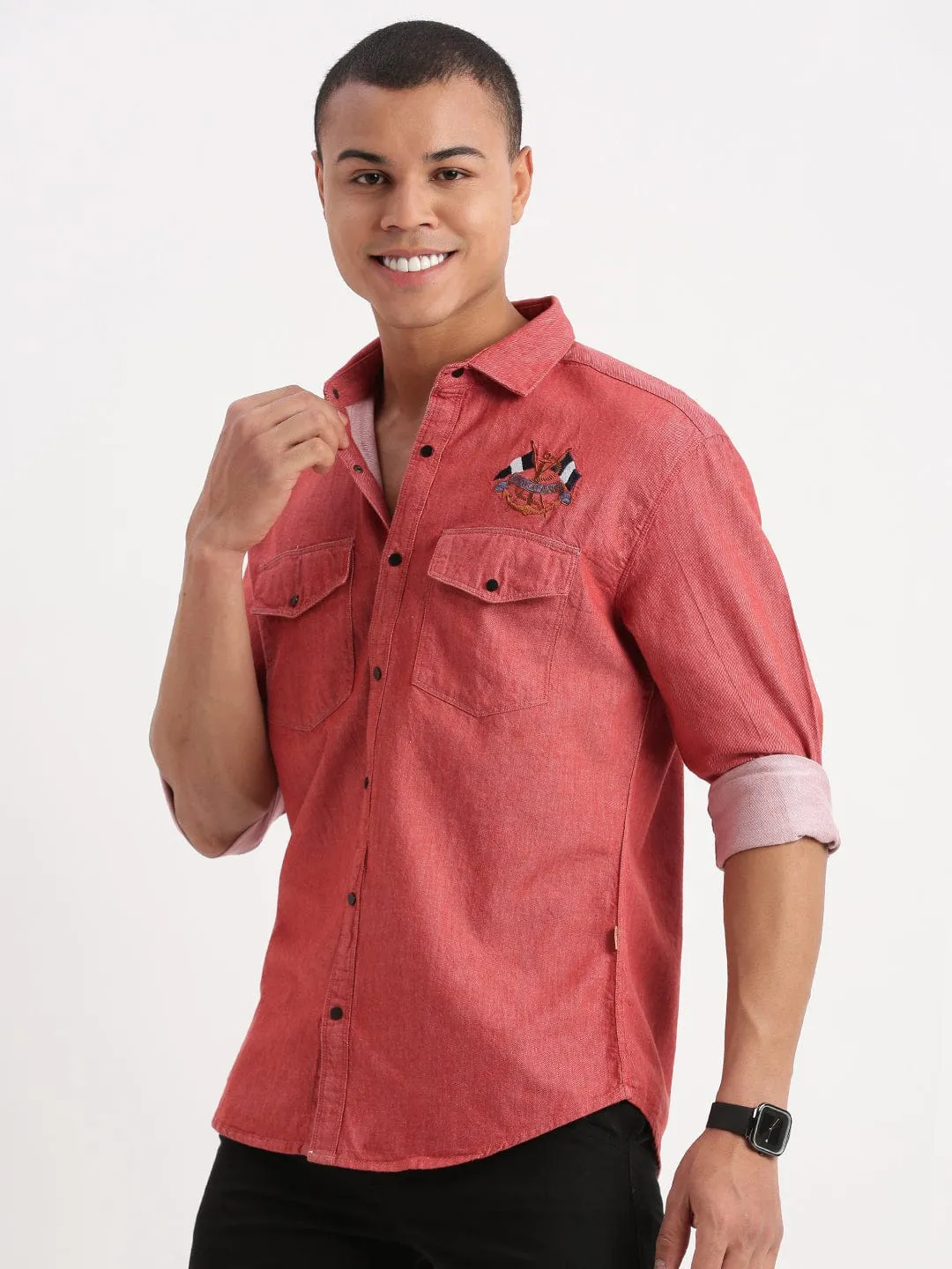 Stretchable Waistband Men's Red Standard Twill Spread Collar Slim Fit Cotton Casual Shirt