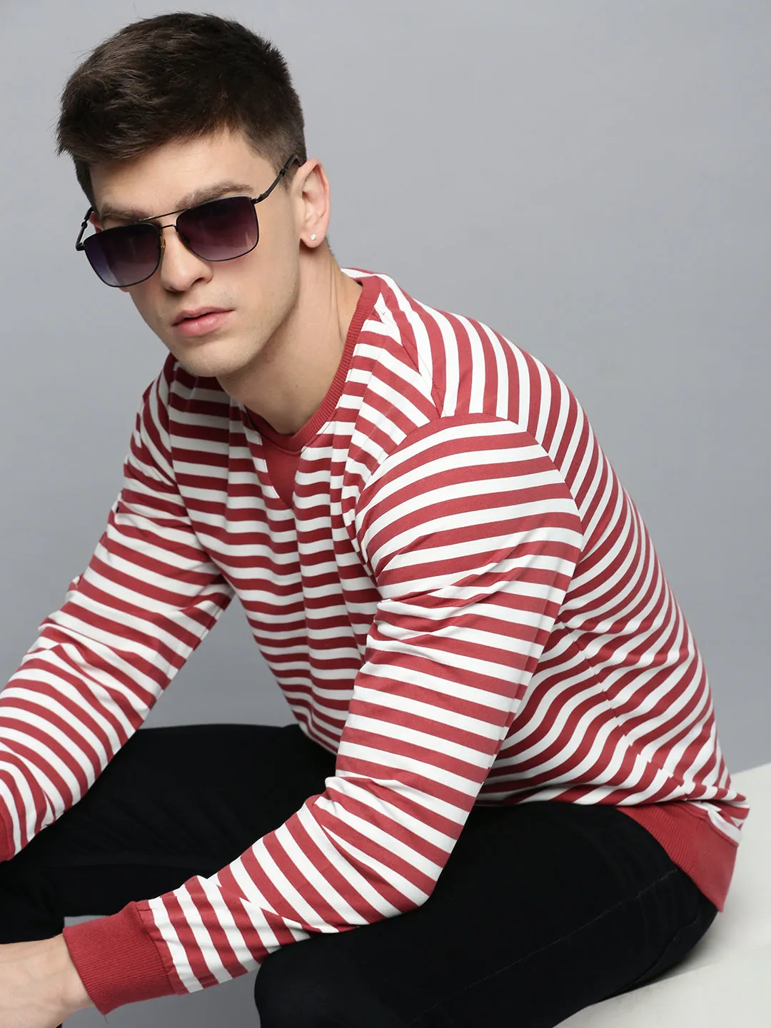 loop accents High-quality Men's Red Striped Knitted Cotton Sweatshirt