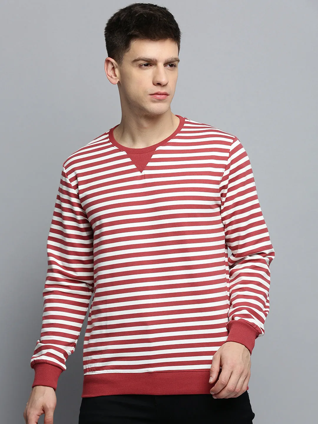 button detail keychain accents Men's Red Striped Knitted Cotton Sweatshirt