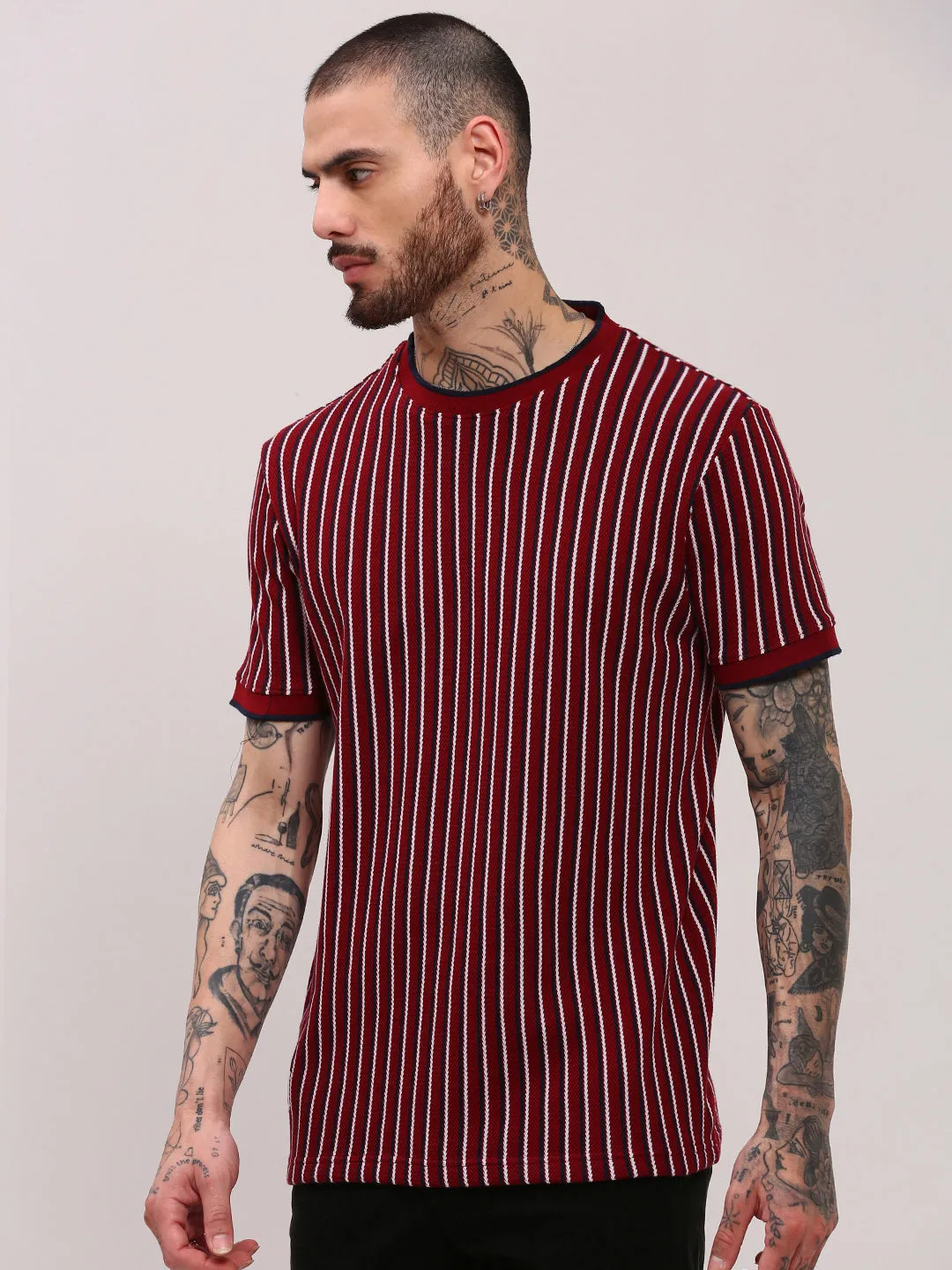 Easy Breath Wild Mood Men's Red Striped Round Neck Cotton T-Shirt
