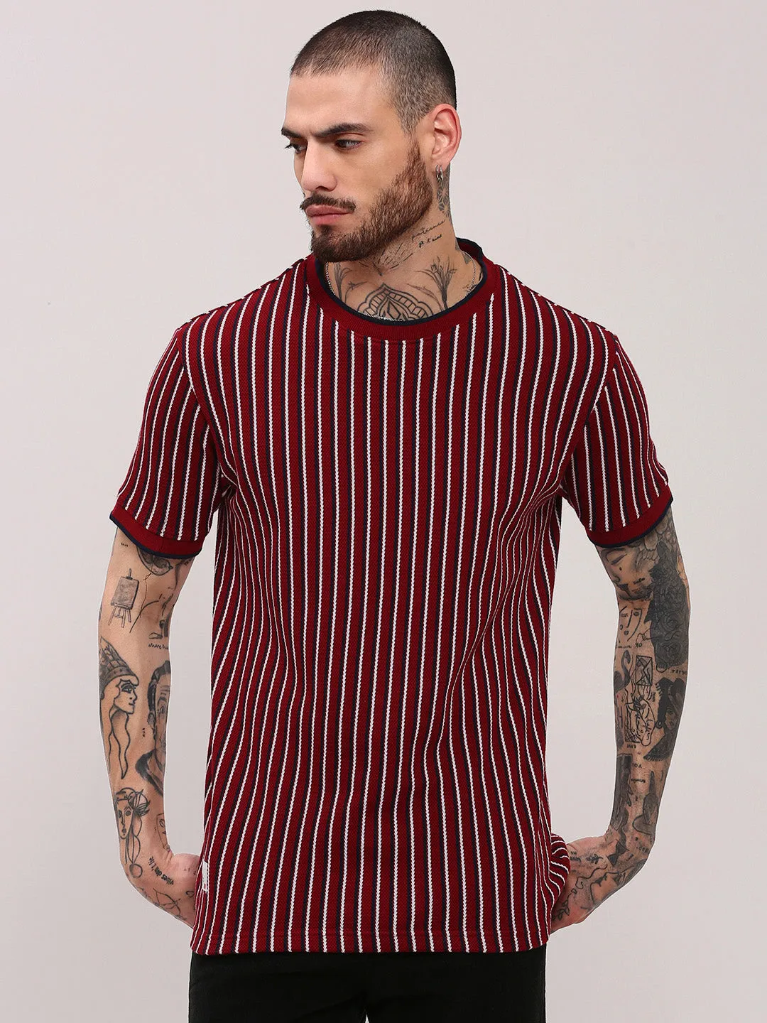 Functional Fashion AntiStaticTechnology Men's Red Striped Round Neck Cotton T-Shirt