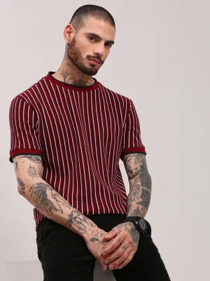 Men's Red Striped Round Neck Cotton T-Shirt Dream Feel