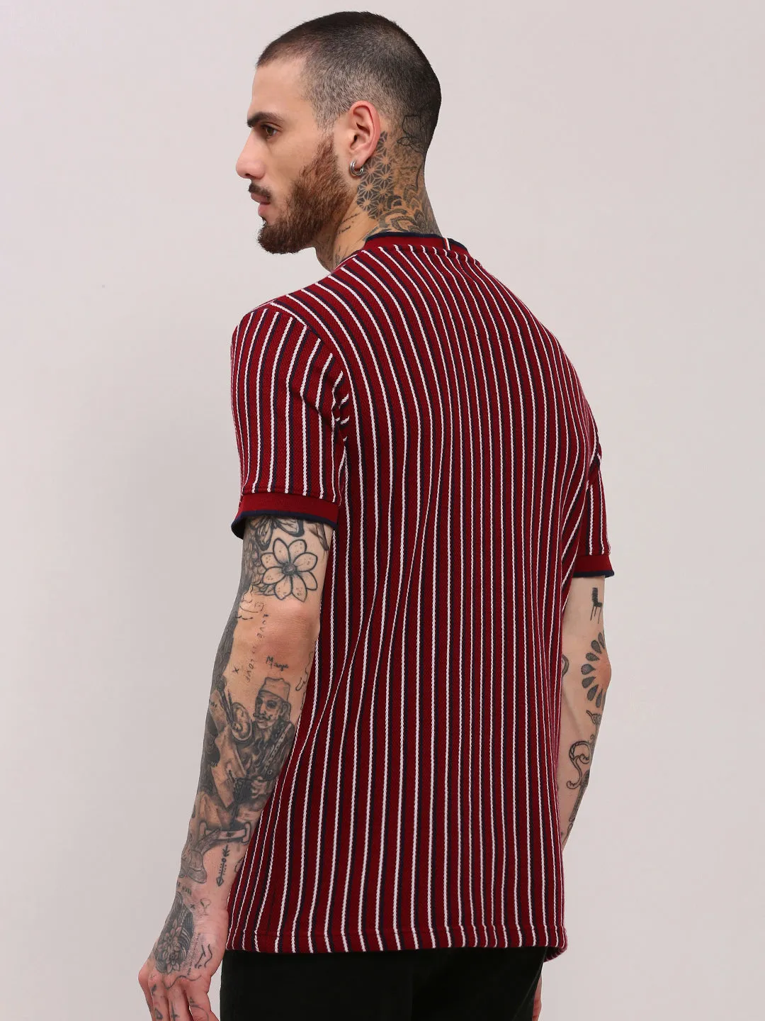 Digital Glow Men's Red Striped Round Neck Cotton T-Shirt