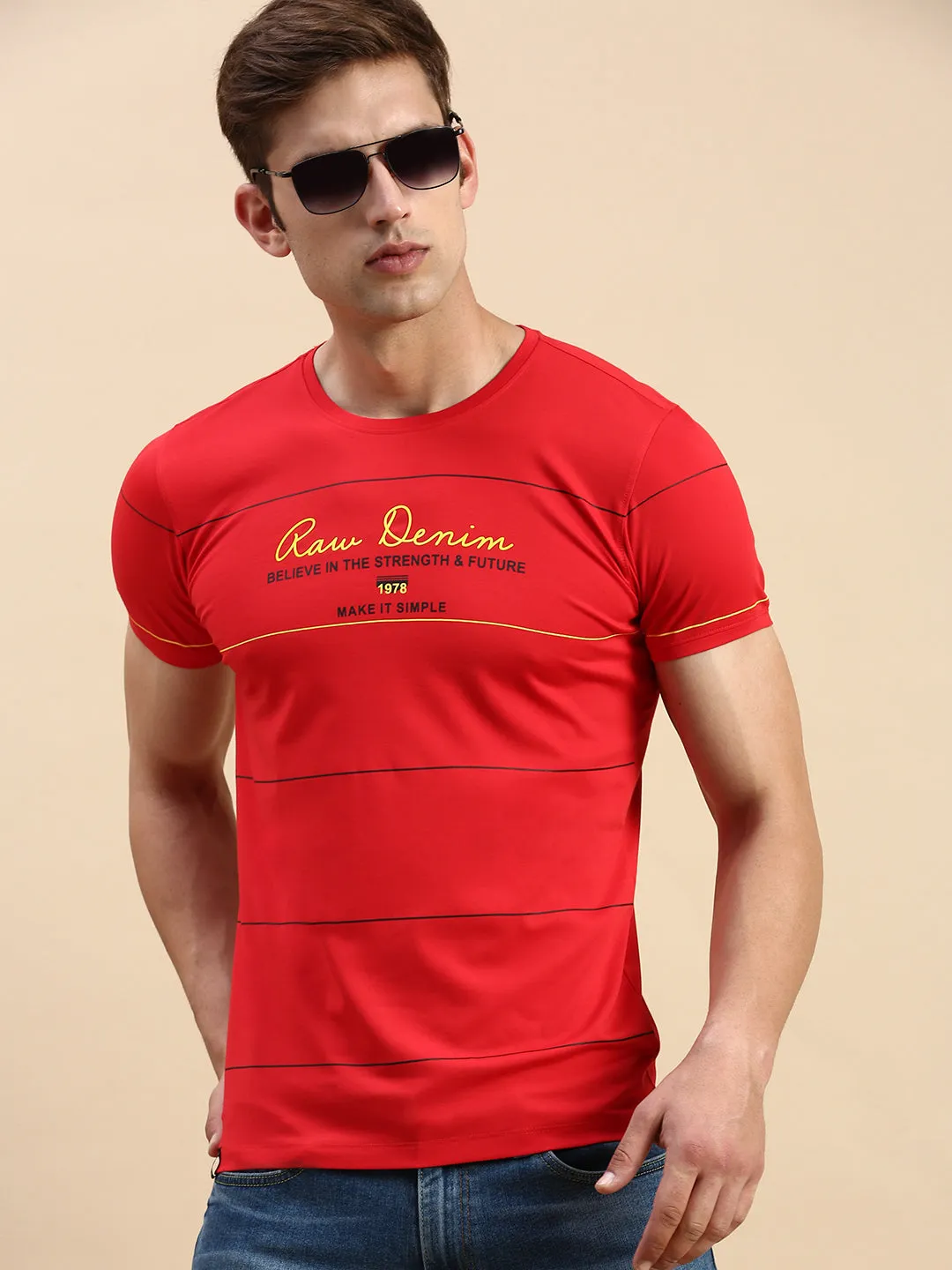 Men's Red Typography Printed Slim Fit T-shirt product display