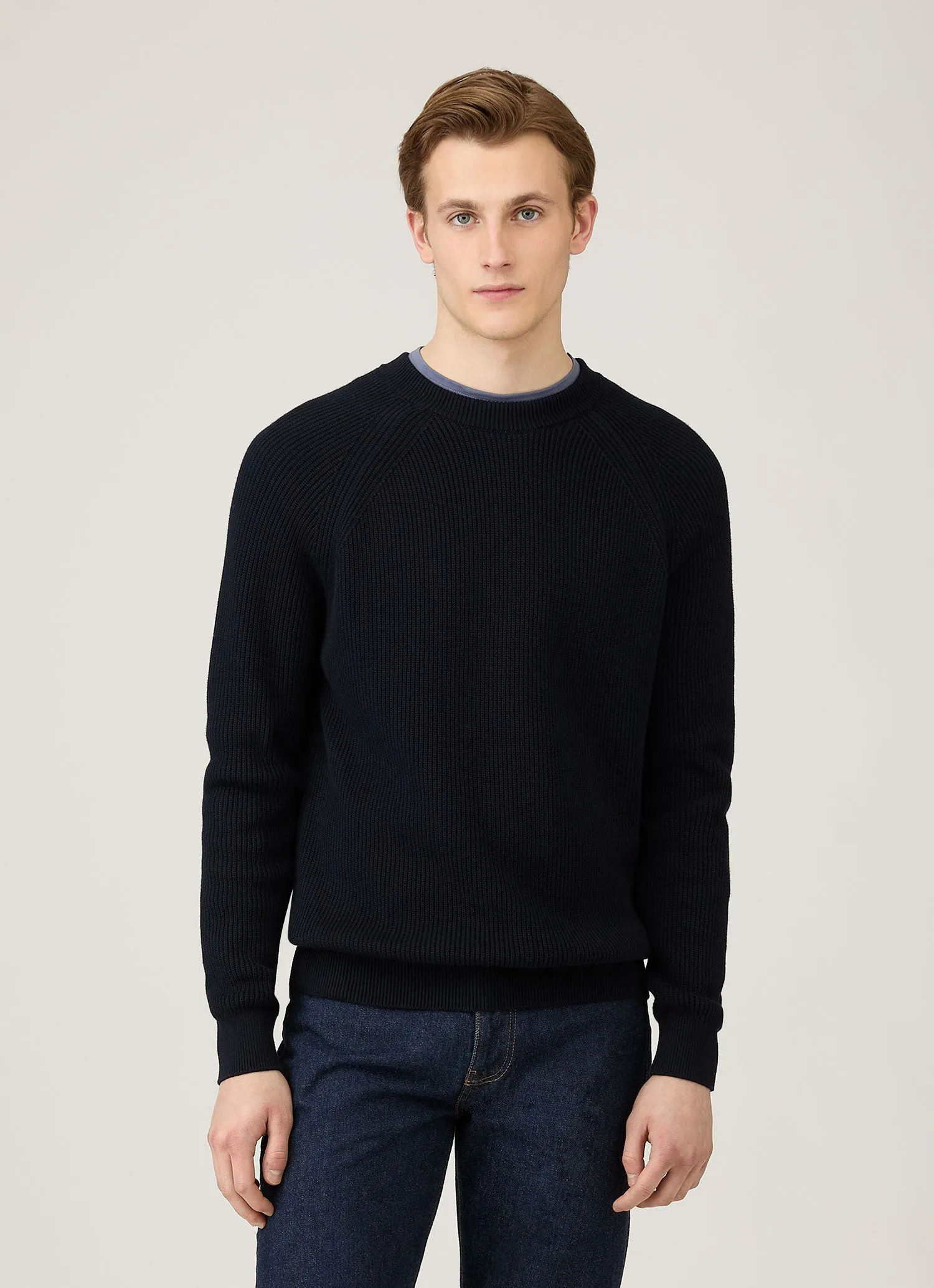 Layered Neckline Breathable Layer Men's Ribbed Jumper in Navy
