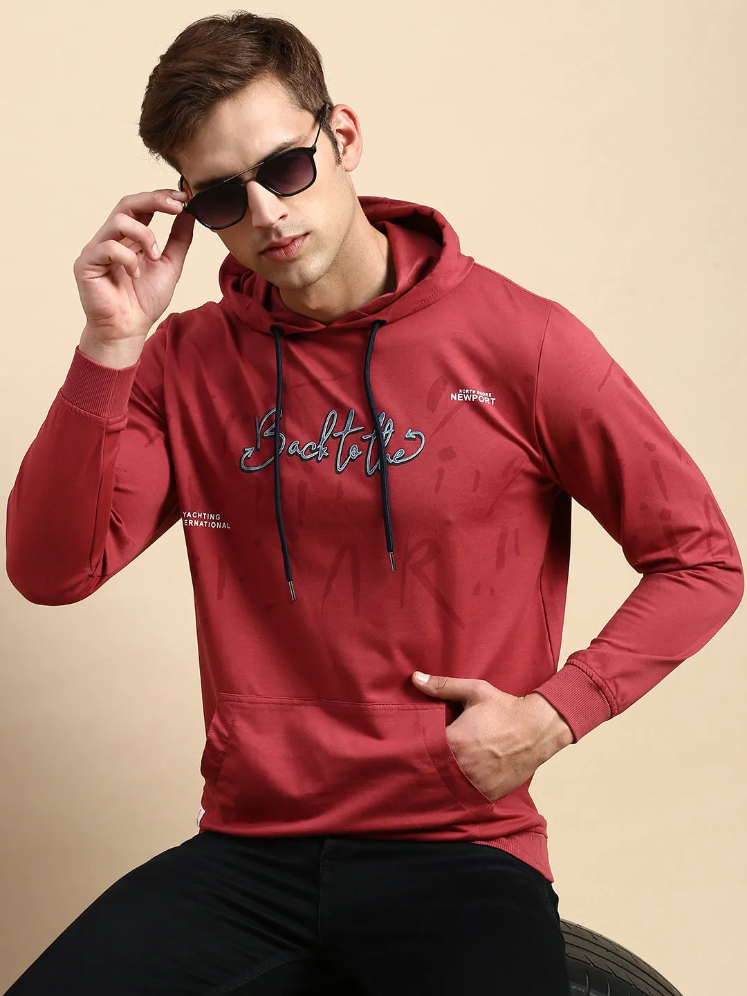 Men's Rose Typography Printed Hooded Cotton Sweatshirt Fashion Statement