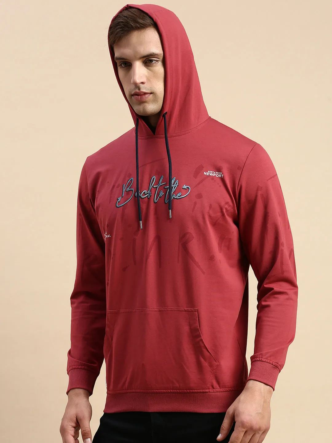 Men's Rose Typography Printed Hooded Cotton Sweatshirt Fashion Wearable Velvet