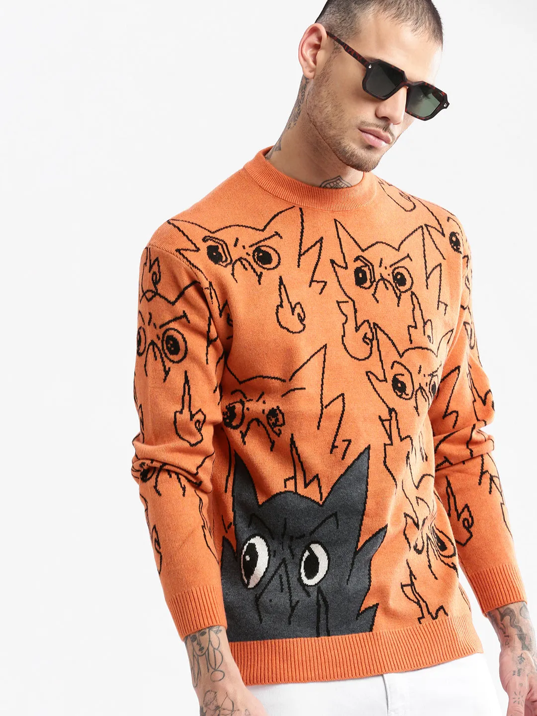 Multi Directional Stretch Men's Round Neck Humour and Comic Orange Pullover