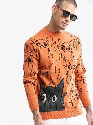 Multi Directional Stretch Men's Round Neck Humour and Comic Orange Pullover