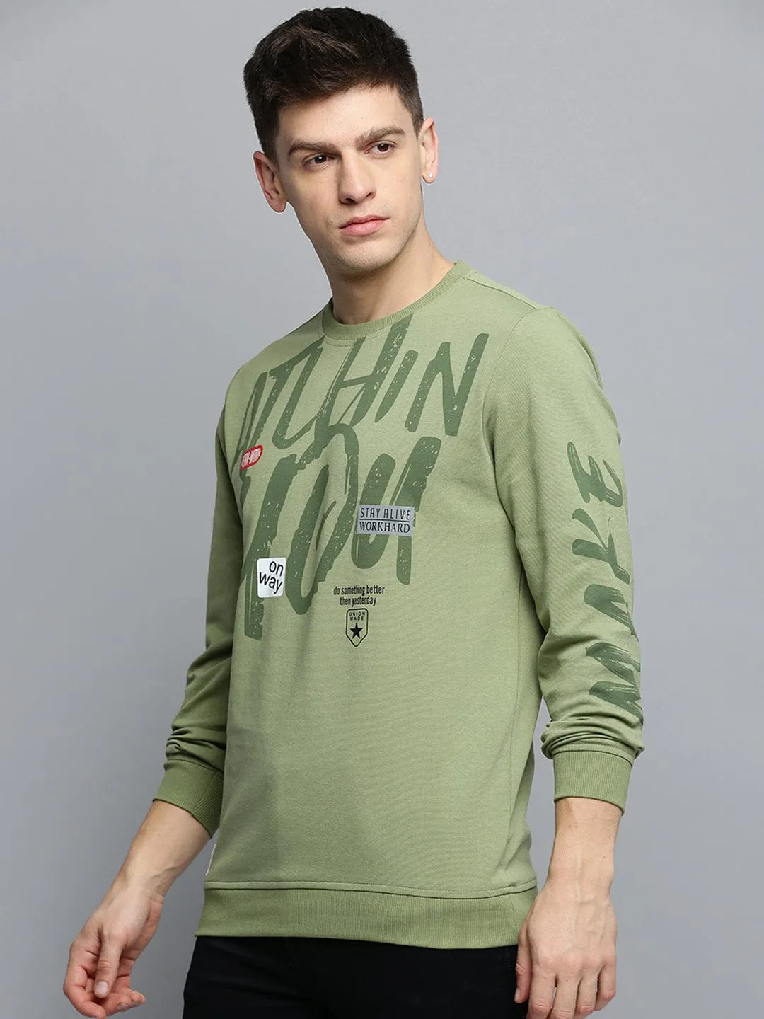 Men's Round Neck Printed Green Pullover pearl accents Abstract print