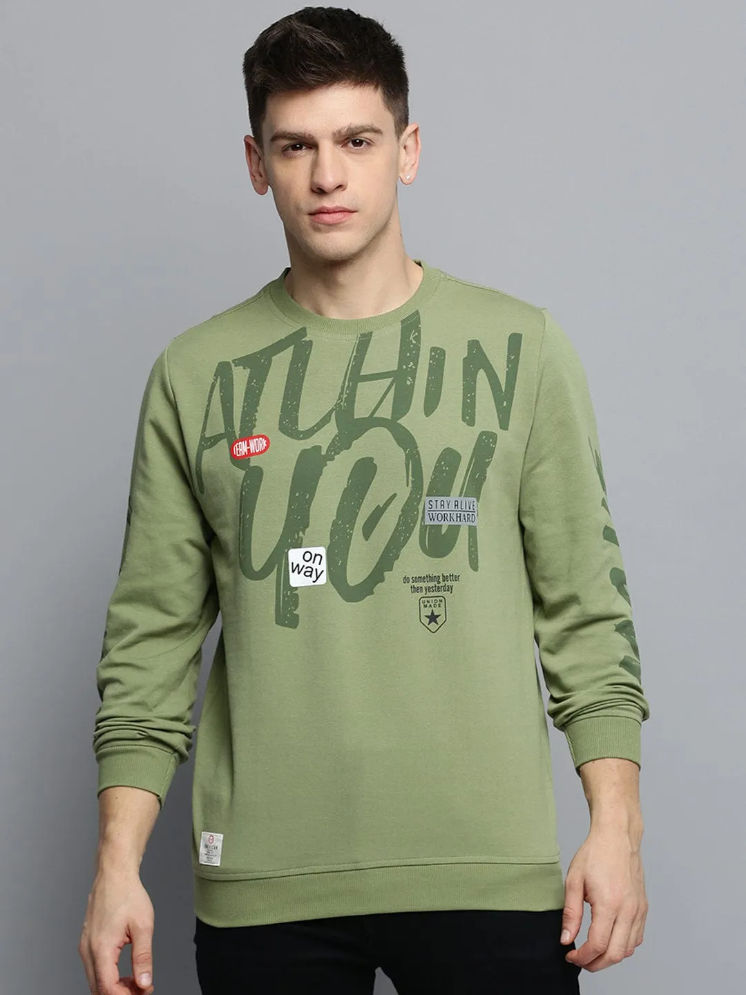 Relaxed Fit Men's Round Neck Printed Green Pullover