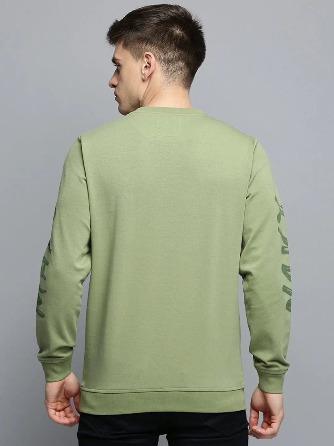 Men's Round Neck Printed Green Pullover Chill Vibe Petite Cut