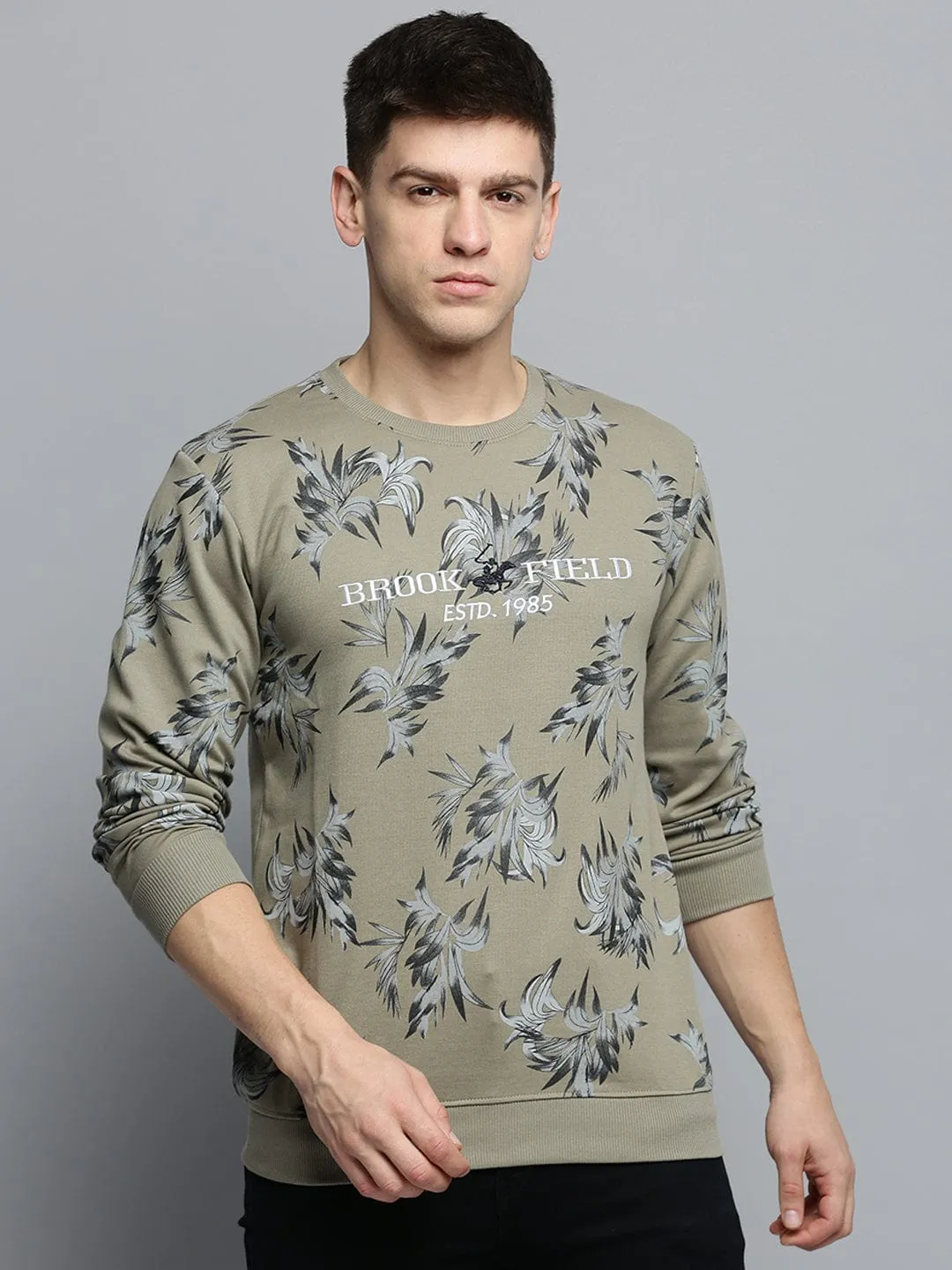Men's Round Neck Printed Olive Pullover Side Pockets Home Wear