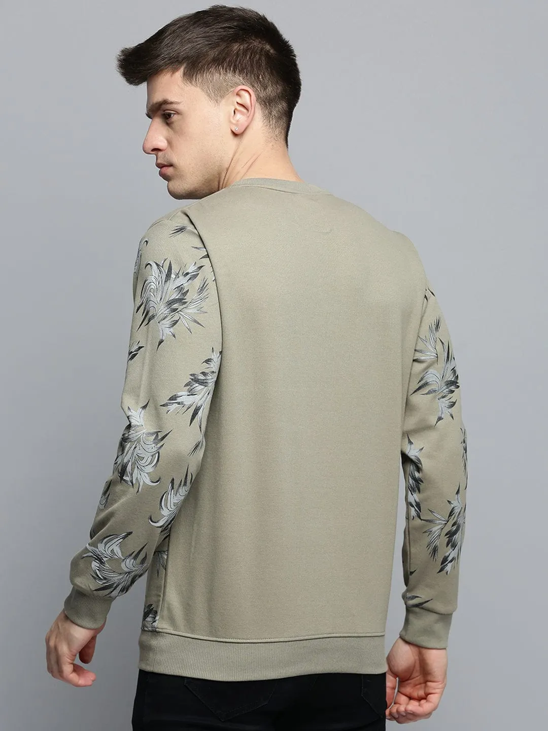 Men's Round Neck Printed Olive Pullover Petite Cut