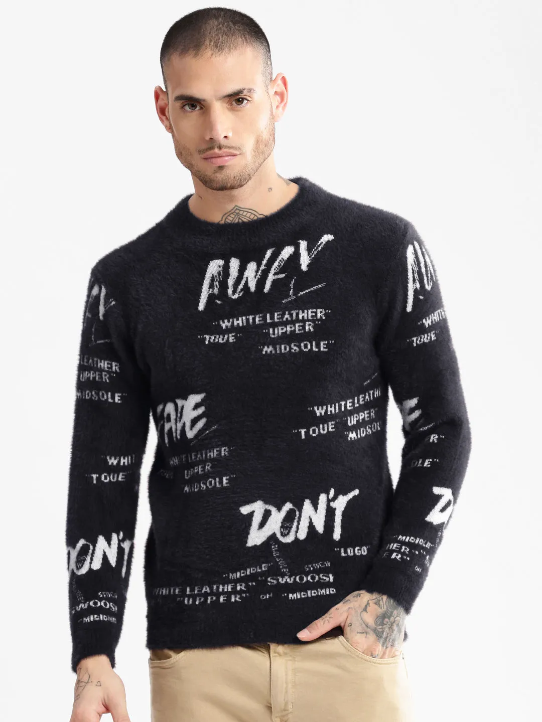 Textured Surface Thermal Regulation Layer Men's Round Neck Self Design Navy Blue Pullover