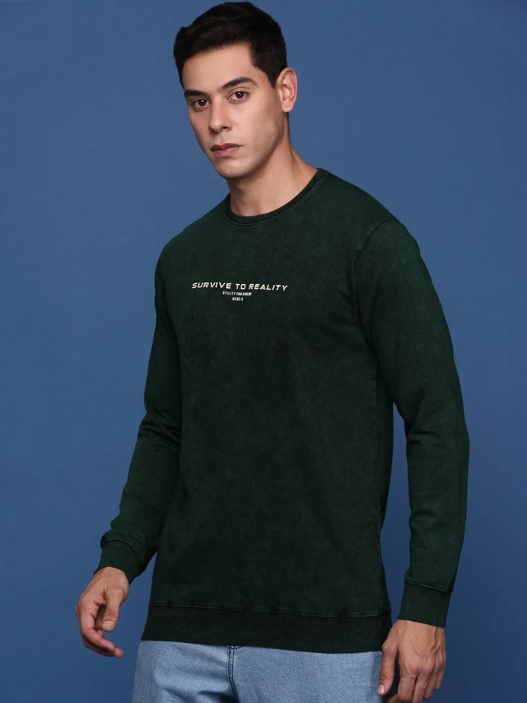ring accents windproof Men's Round Neck Solid Green Pullover