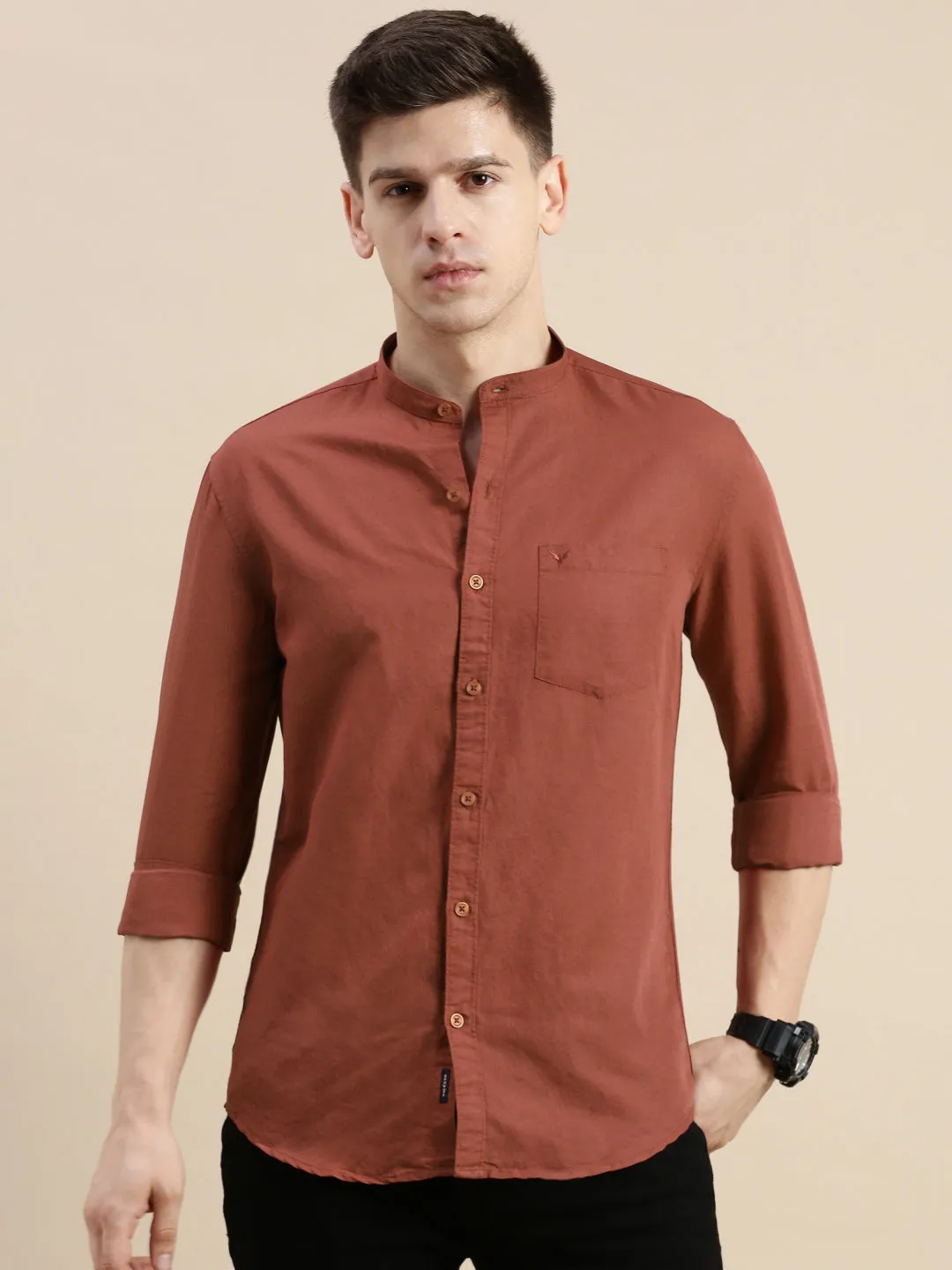 Men's Rust Mandarin Collar Slim Fit Shirt MoistureWickingTechnology
