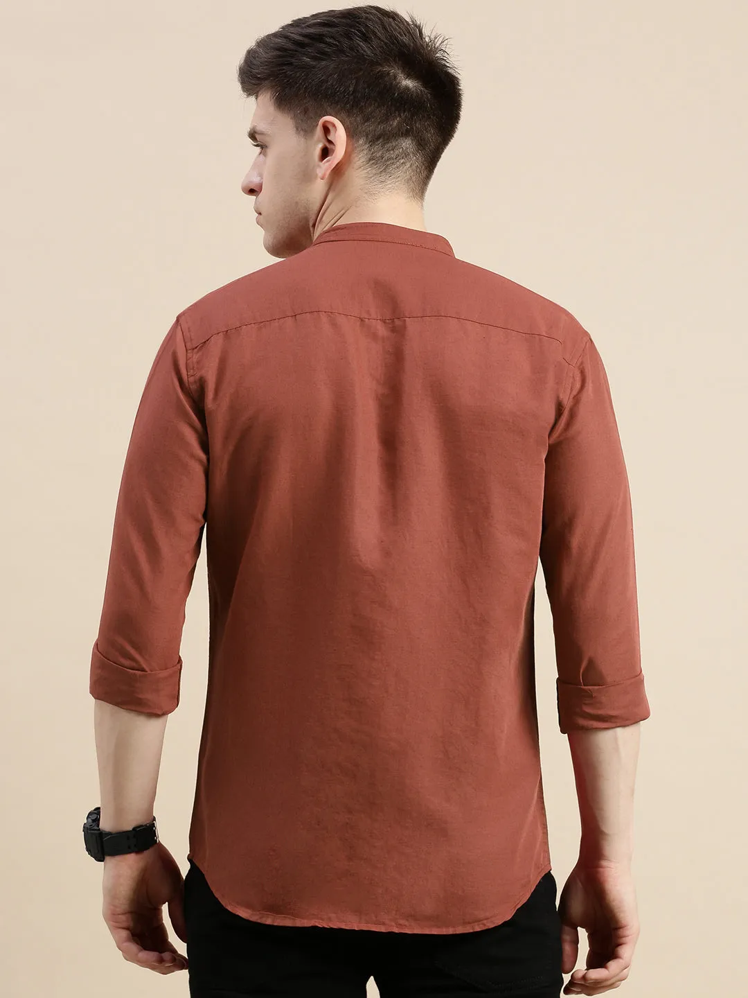 Grace Ease Men's Rust Mandarin Collar Slim Fit Shirt