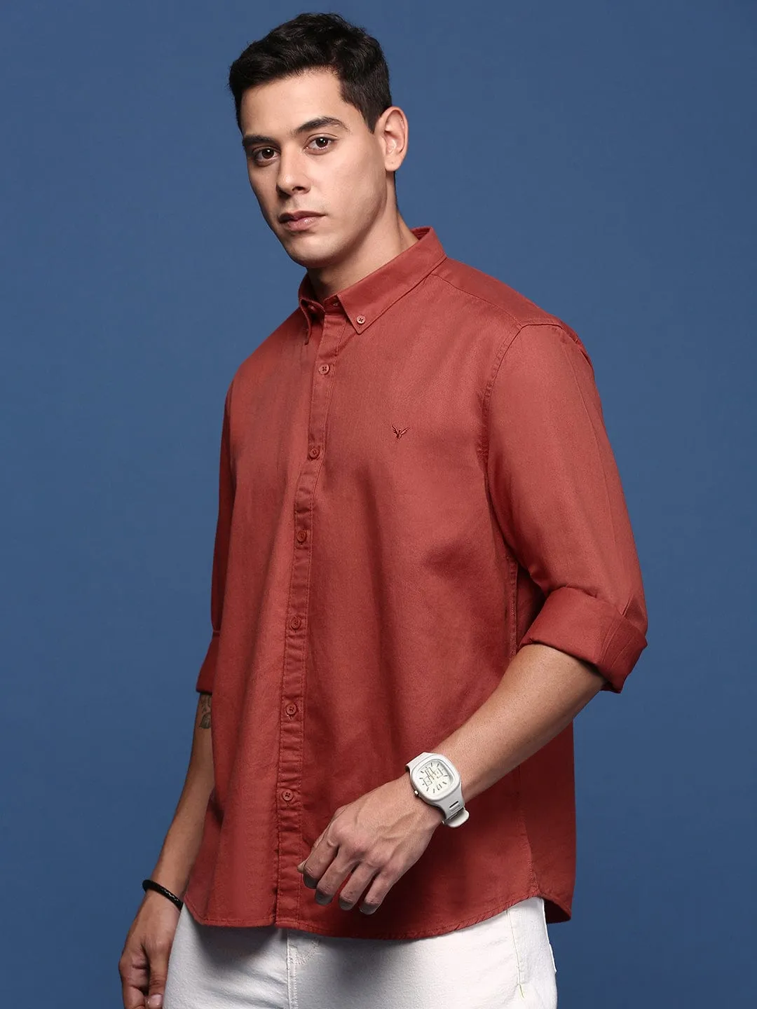 Men's Rust Solid Cotton Standard Slim Fit Casual Shirt Ultraviolet Protection Rain Proof