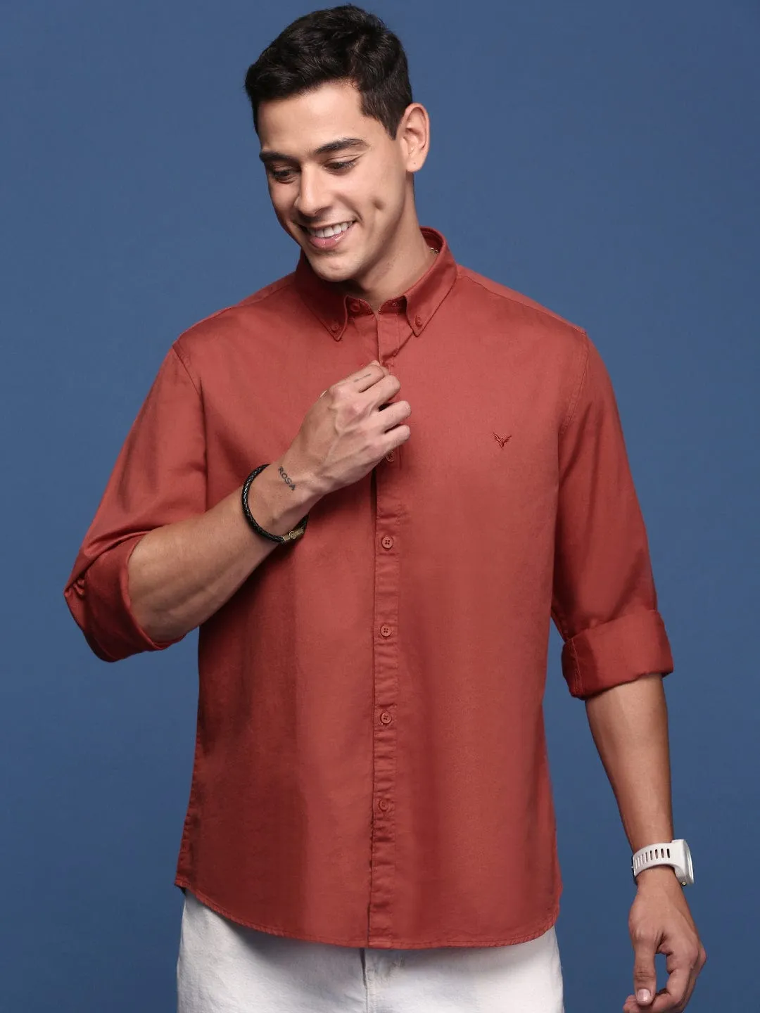 Men's Rust Solid Cotton Standard Slim Fit Casual Shirt Street Wear Bold Step