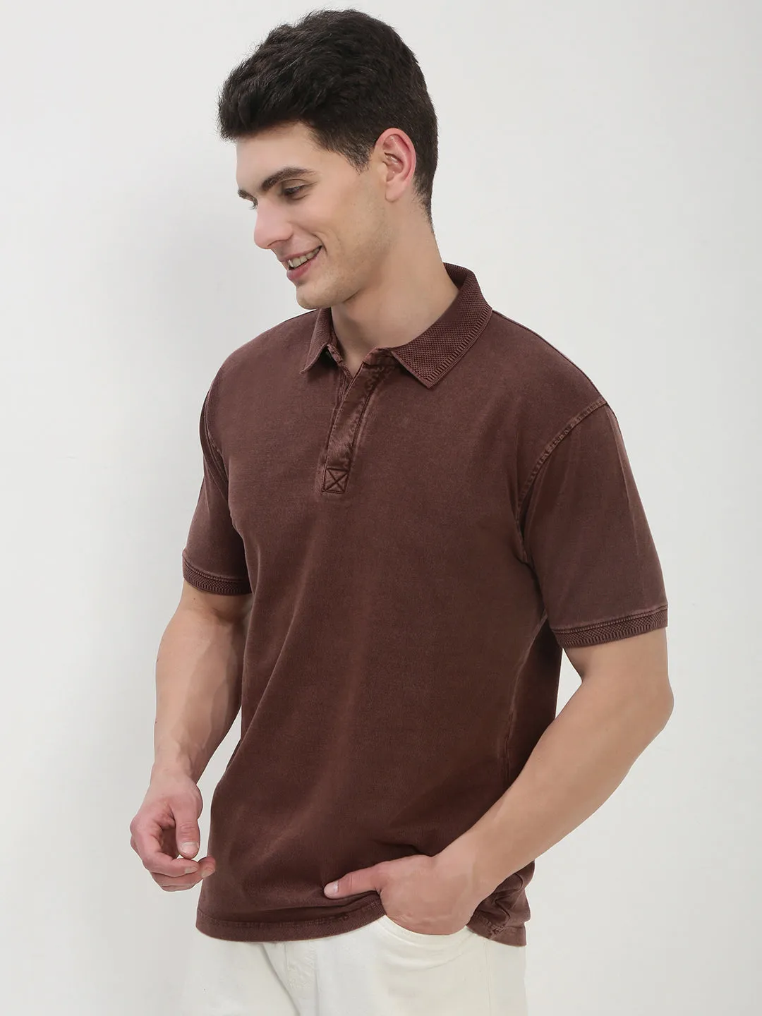 running suitable single layer Men's Rust Solid Polo Collar T-Shirt