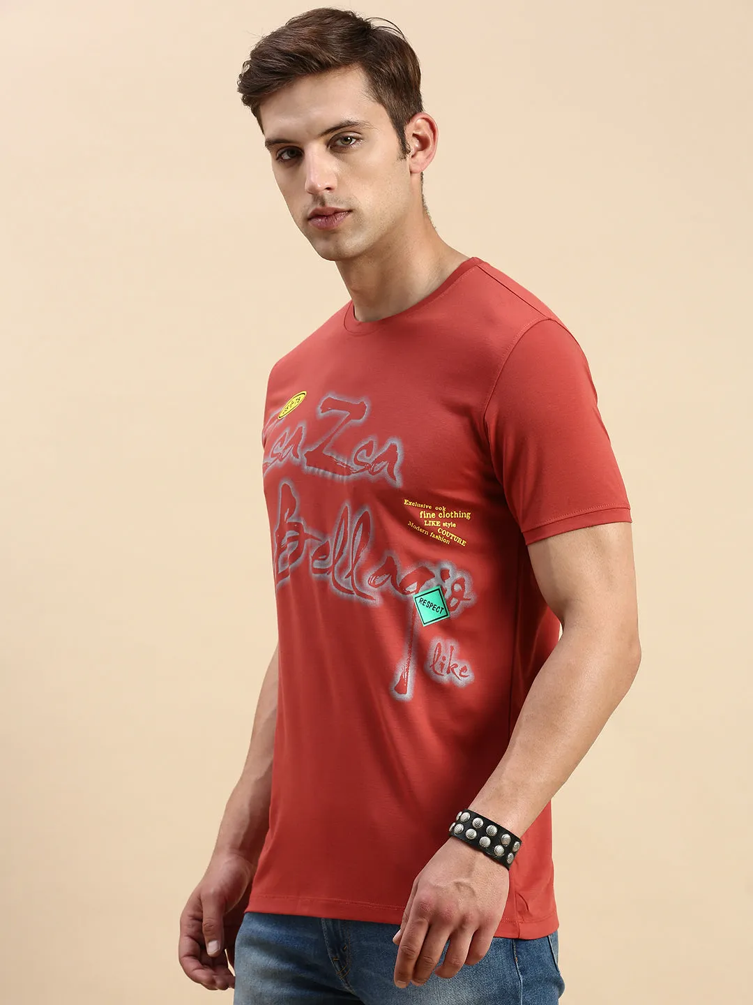 Men's Rust Typography Printed Slim Fit T-shirt Regular Fit