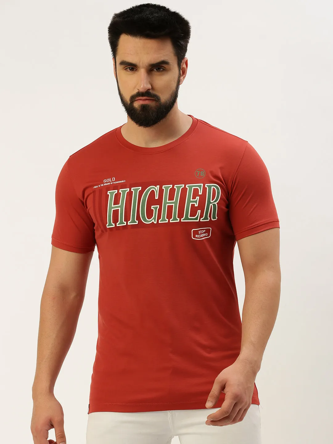 Soft Wear Men's Rust Typography Printed Slim Fit T-shirt