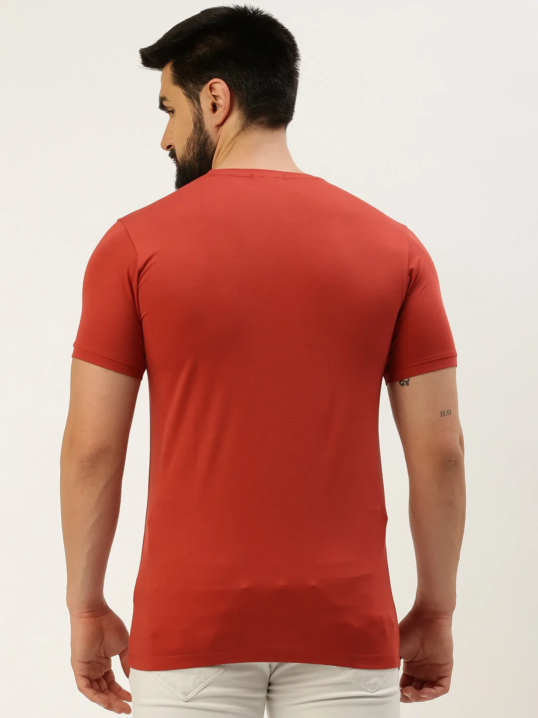 Collared Men's Rust Typography Printed Slim Fit T-shirt