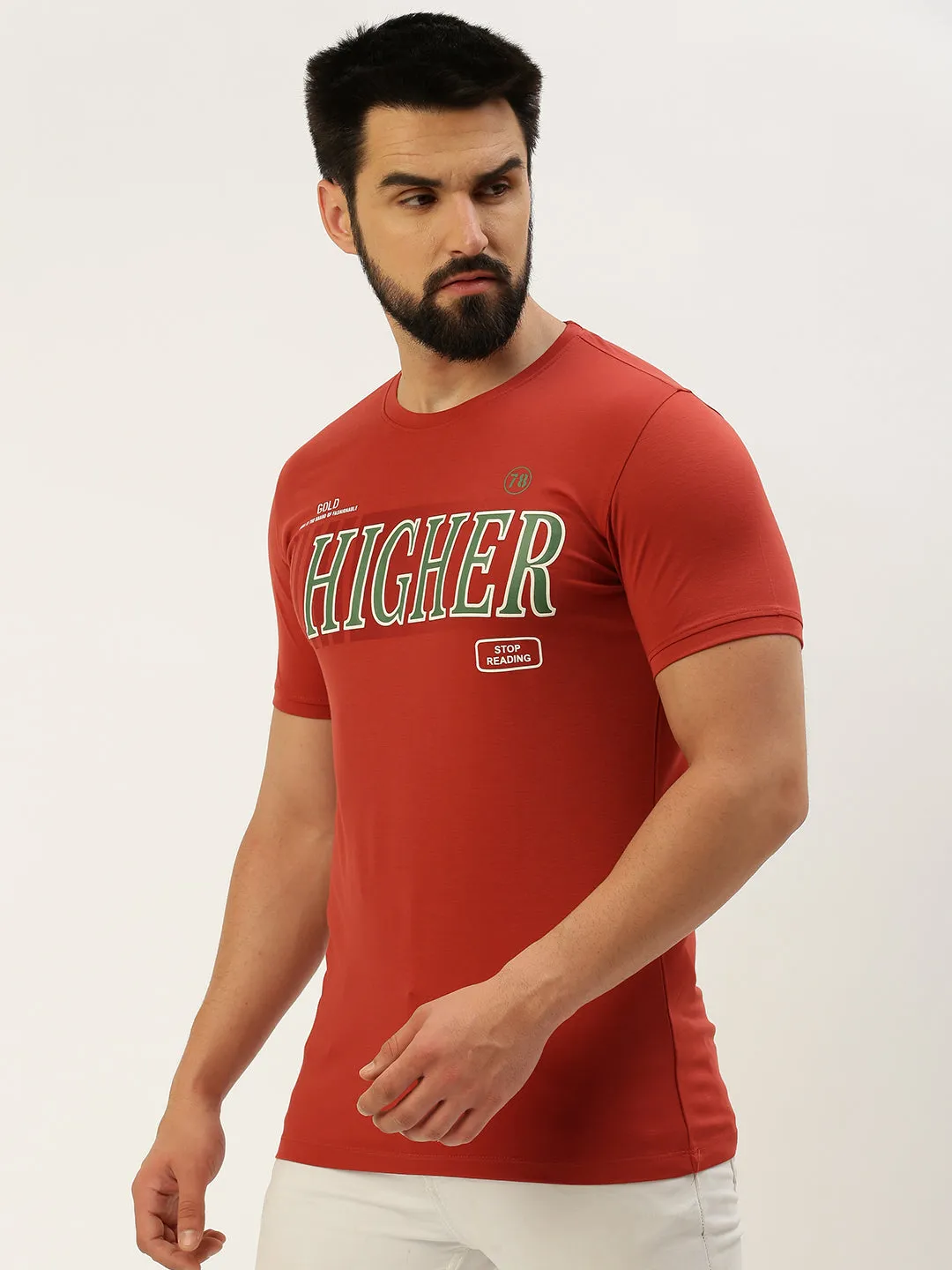 Casual Comfort Men's Rust Typography Printed Slim Fit T-shirt