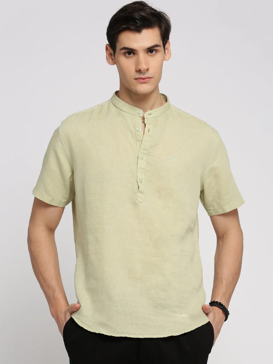 EcoFriendly Material Casual Day Men's Sea Green Band Collar Short Sleeves Casual Shirts