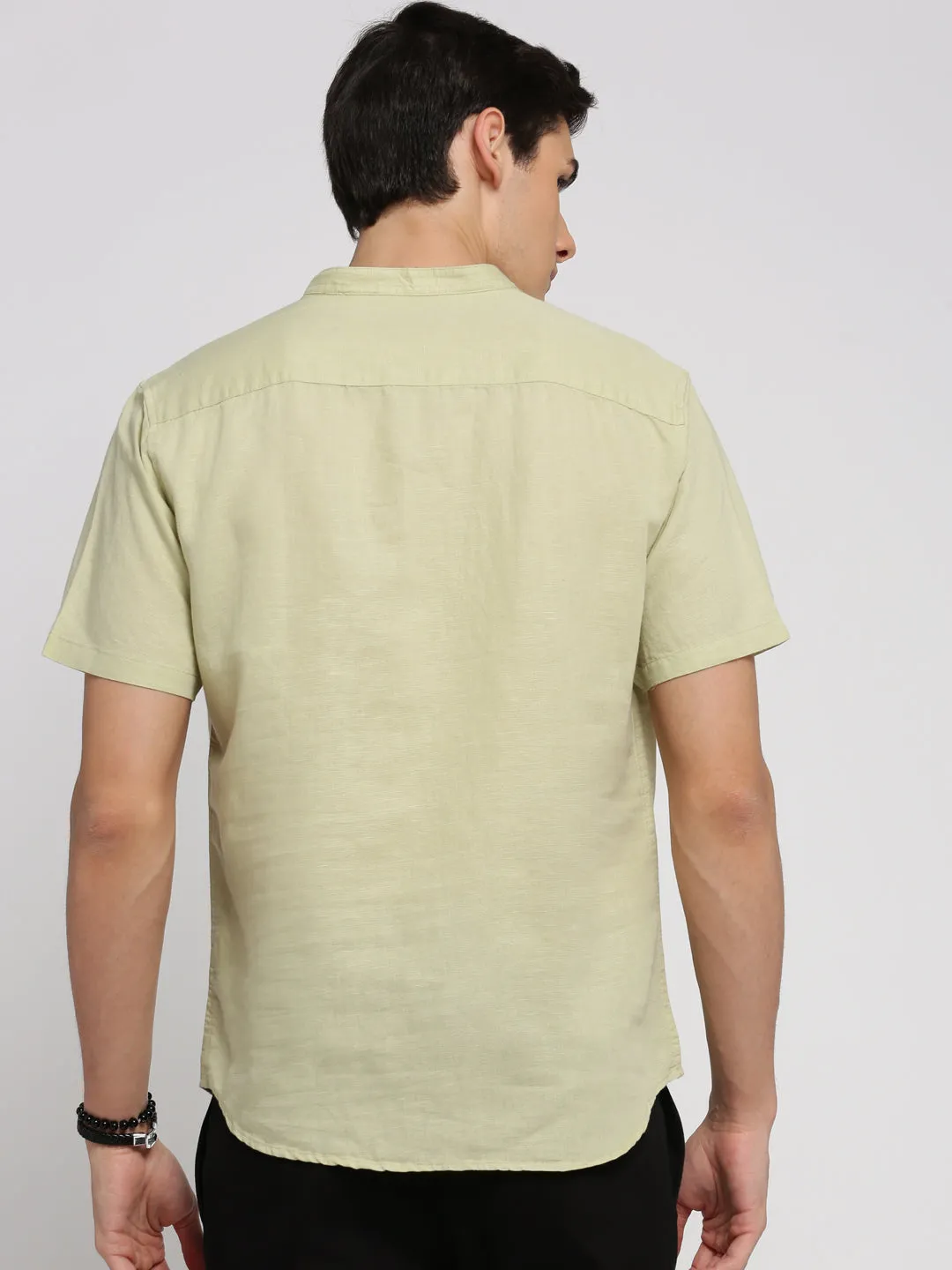 Holiday Glow Men's Sea Green Band Collar Short Sleeves Casual Shirts