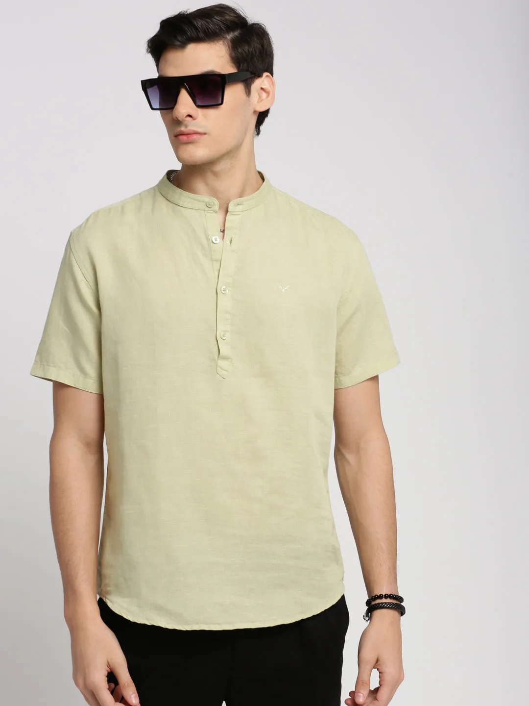 AdjustableWaist Men's Sea Green Band Collar Short Sleeves Casual Shirts