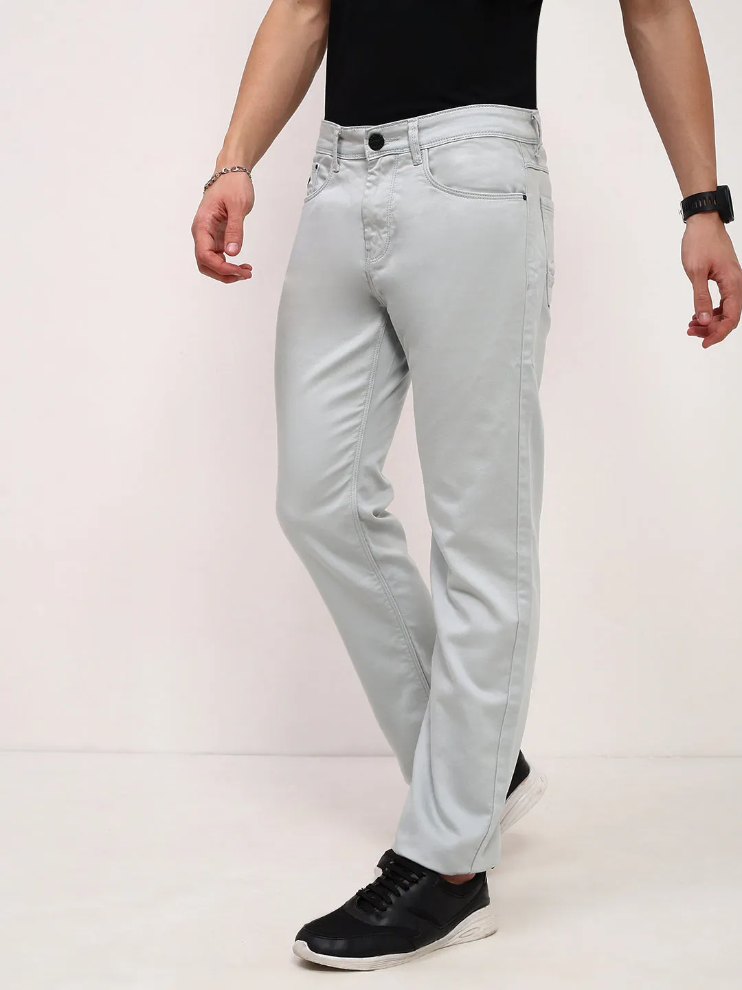 Men's Sea Green Comfort Straight Fit Low-Rise Acid Wash Stretchable Jeans Layered Knee Panels Casual Days