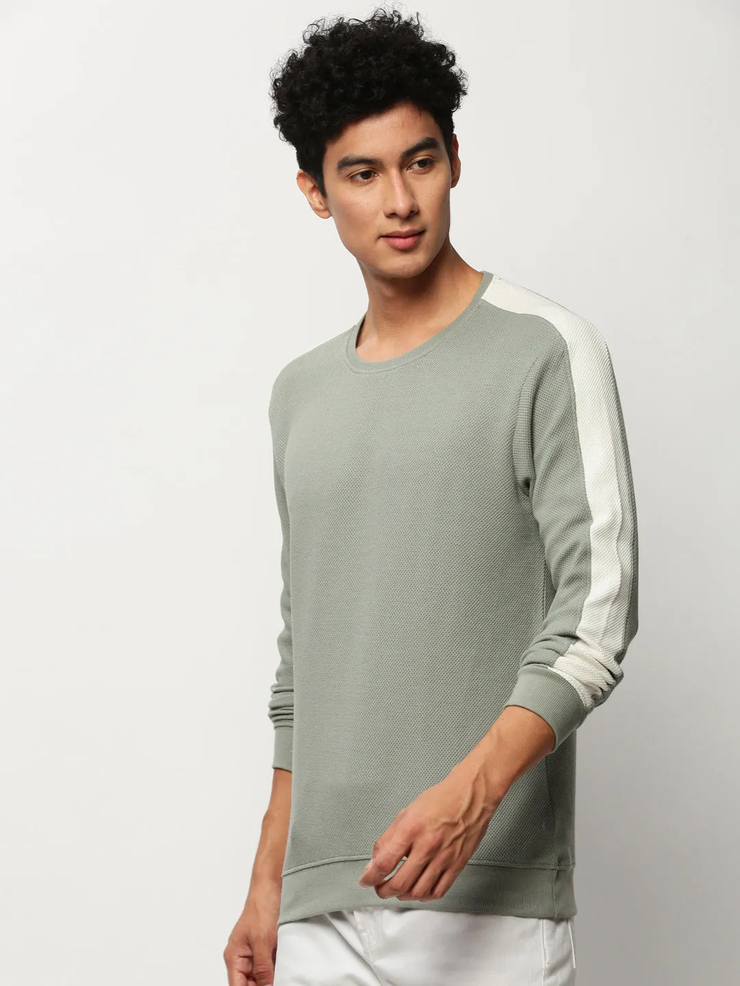 Minimal Staple Men's Sea Green Long Sleeves Cotton Jacquard Pullover Sweatshirt