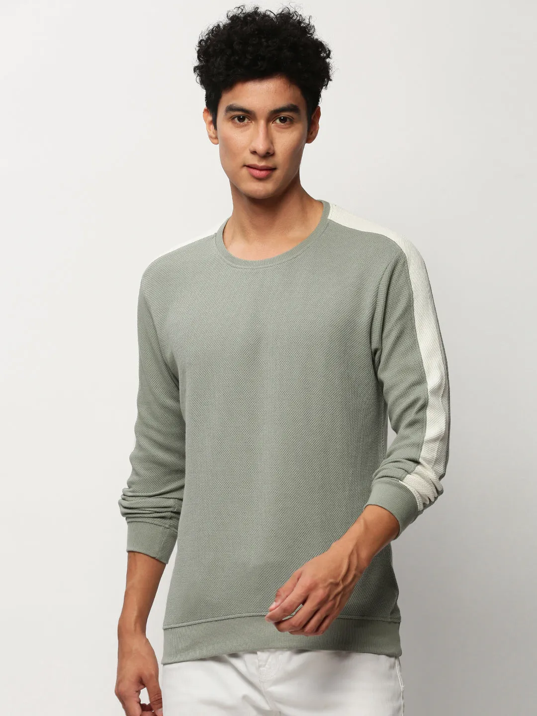 Trendy Look color trend Men's Sea Green Long Sleeves Cotton Jacquard Pullover Sweatshirt