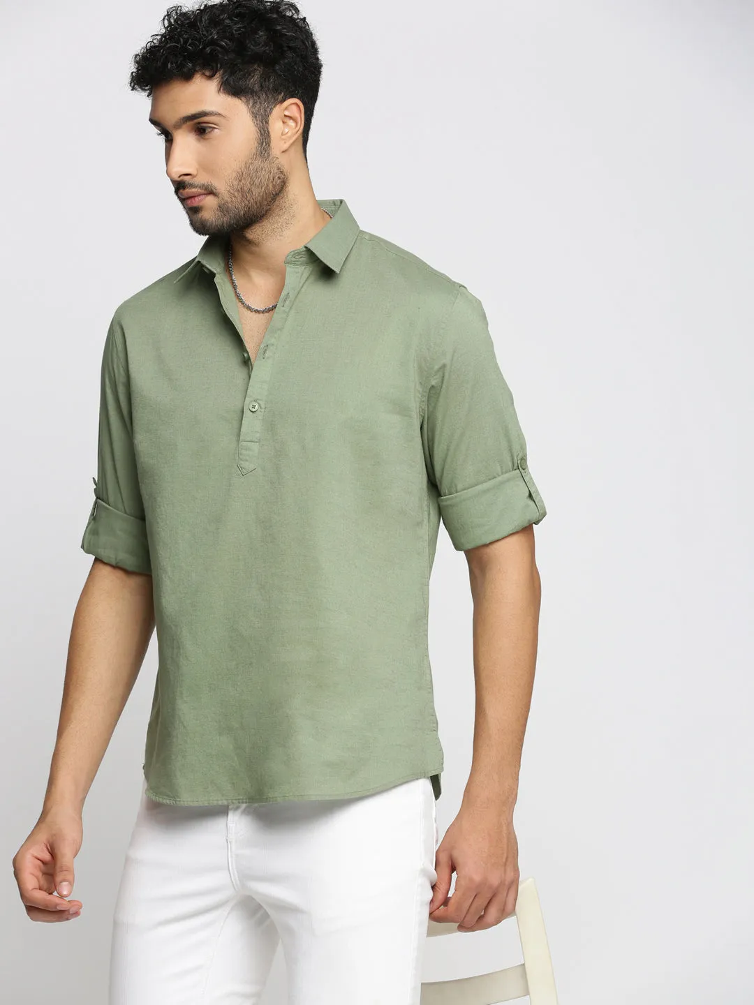 Modern Outfit AntiPilling Men's Sea Green Solid Shirt Collar Casual Short Shirt