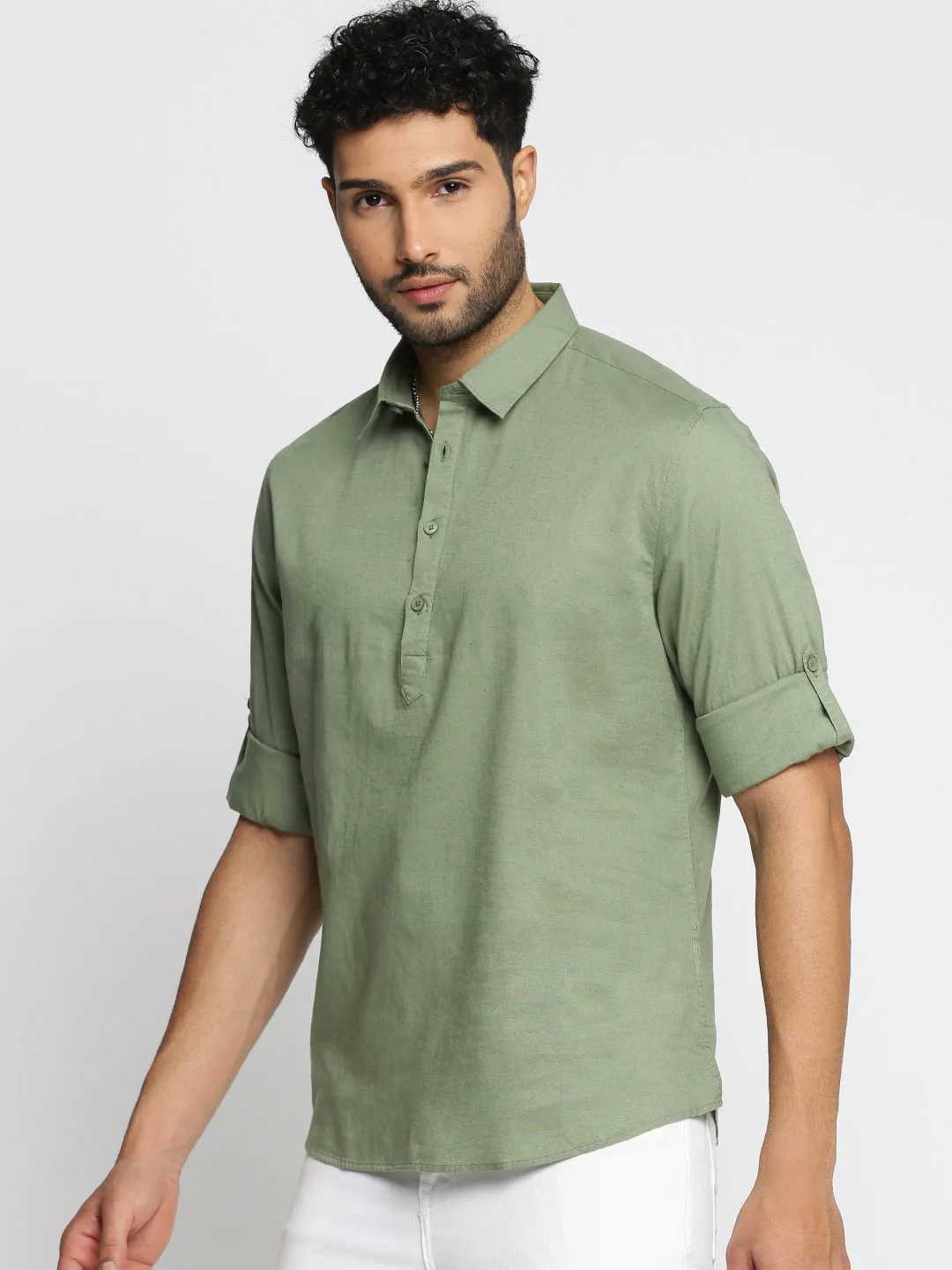 Carnival Look Men's Sea Green Solid Shirt Collar Casual Short Shirt