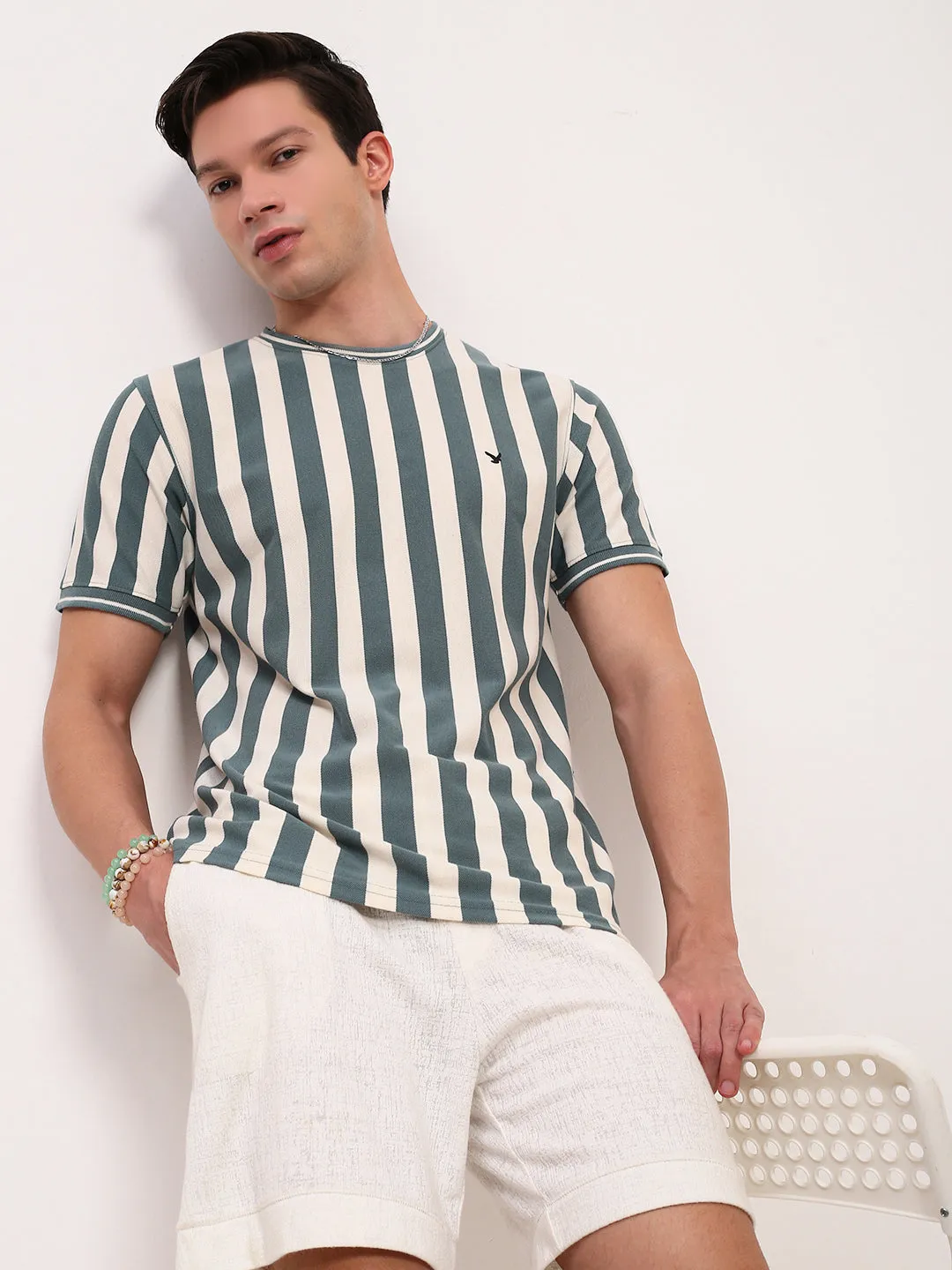 Everyday Look Cozy Mood Men's Sea Green Striped T-Shirt