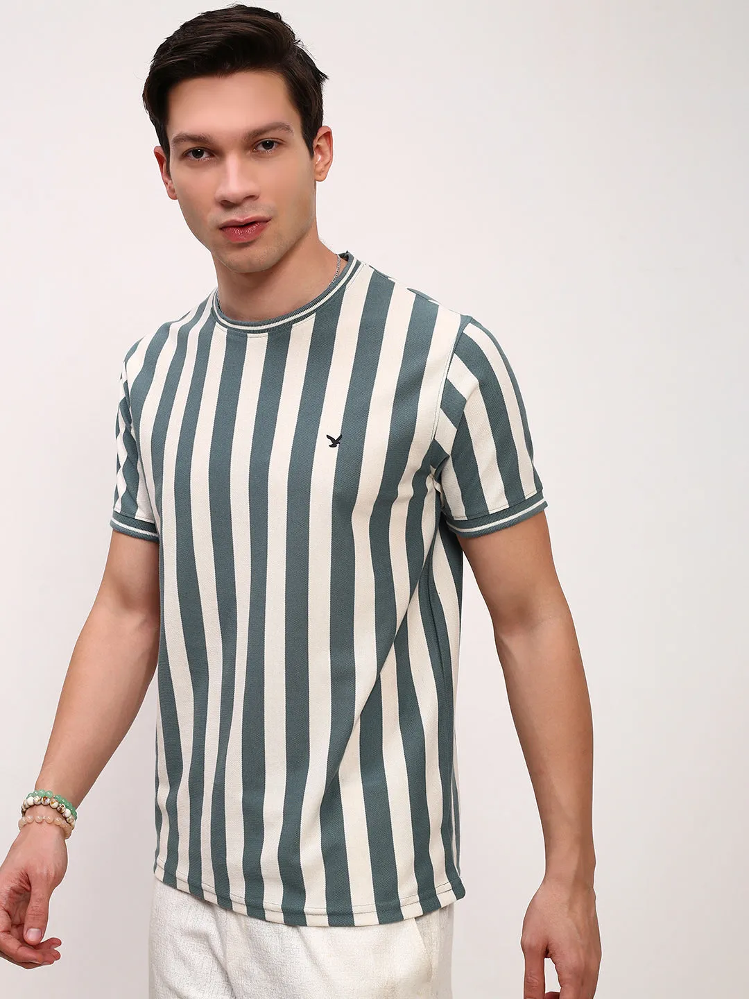 Men's Sea Green Striped T-Shirt Effortless Fashion scarf accents