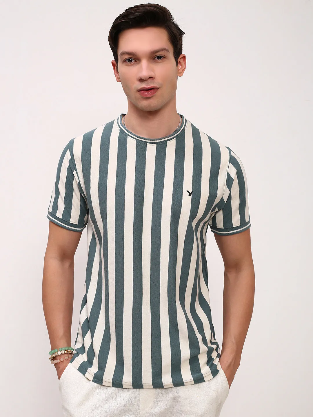 Men's Sea Green Striped T-Shirt earthy colors good for rainy days