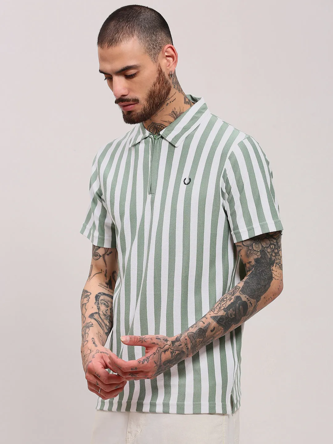 Men's Sea Green Striped T-Shirt LightweightInsulation AntimicrobialTreatment