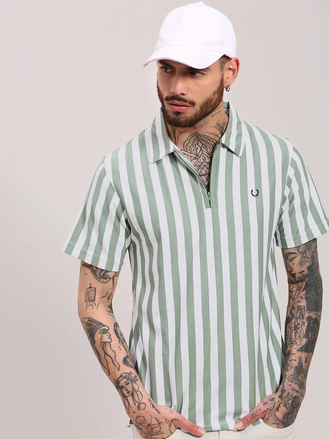 EcoFriendlyMaterial Glitter Glow Men's Sea Green Striped T-Shirt