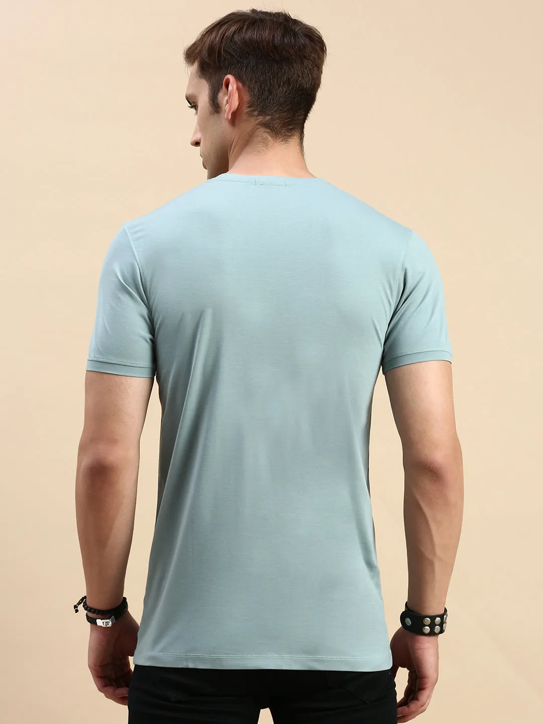 Men's Sea Green Typography Printed Slim Fit T-shirt Layered Fit