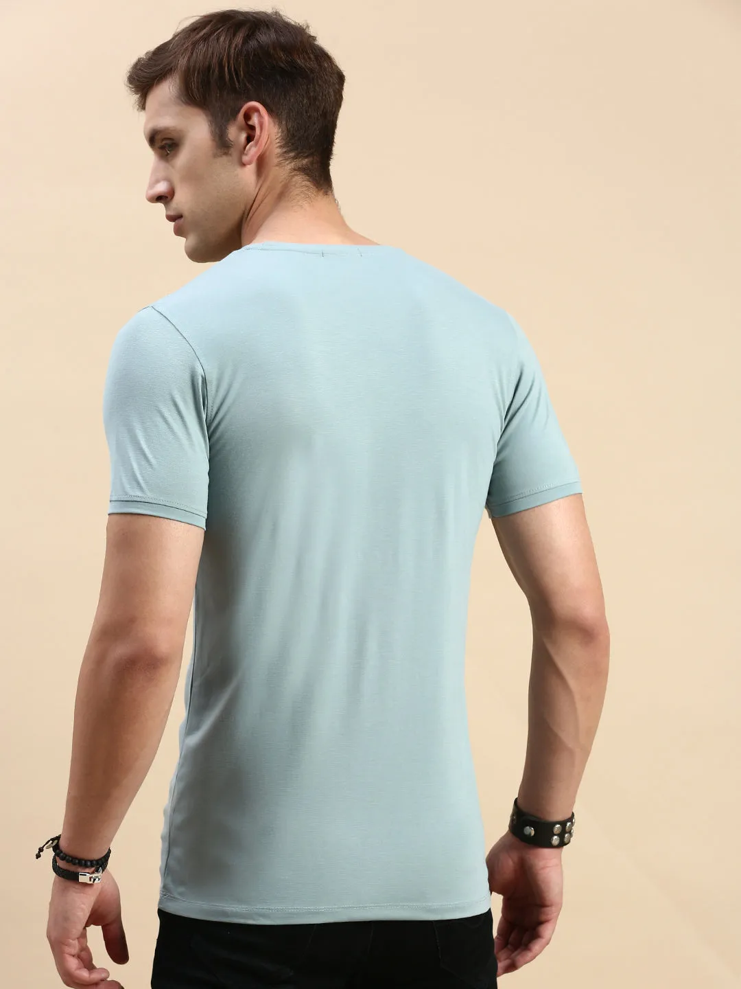 Men's Sea Green Typography Printed Slim Fit T-shirt Cozy Wearable Smart Fashion