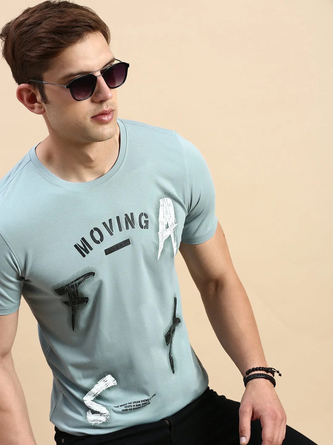 Men's Sea Green Typography Printed Slim Fit T-shirt Anti fungal Weekend Wear