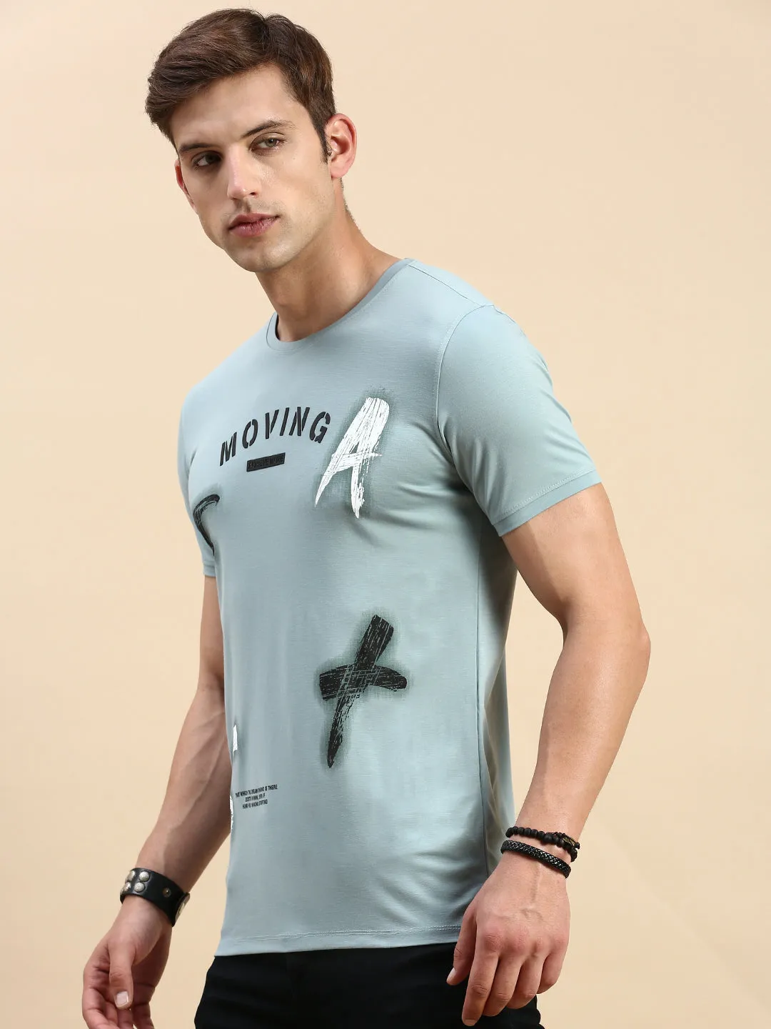 Men's Sea Green Typography Printed Slim Fit T-shirt Stylish Wear Blend