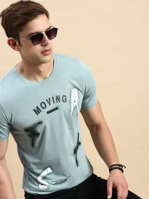Men's Sea Green Typography Printed Slim Fit T-shirt Anti fungal Weekend Wear