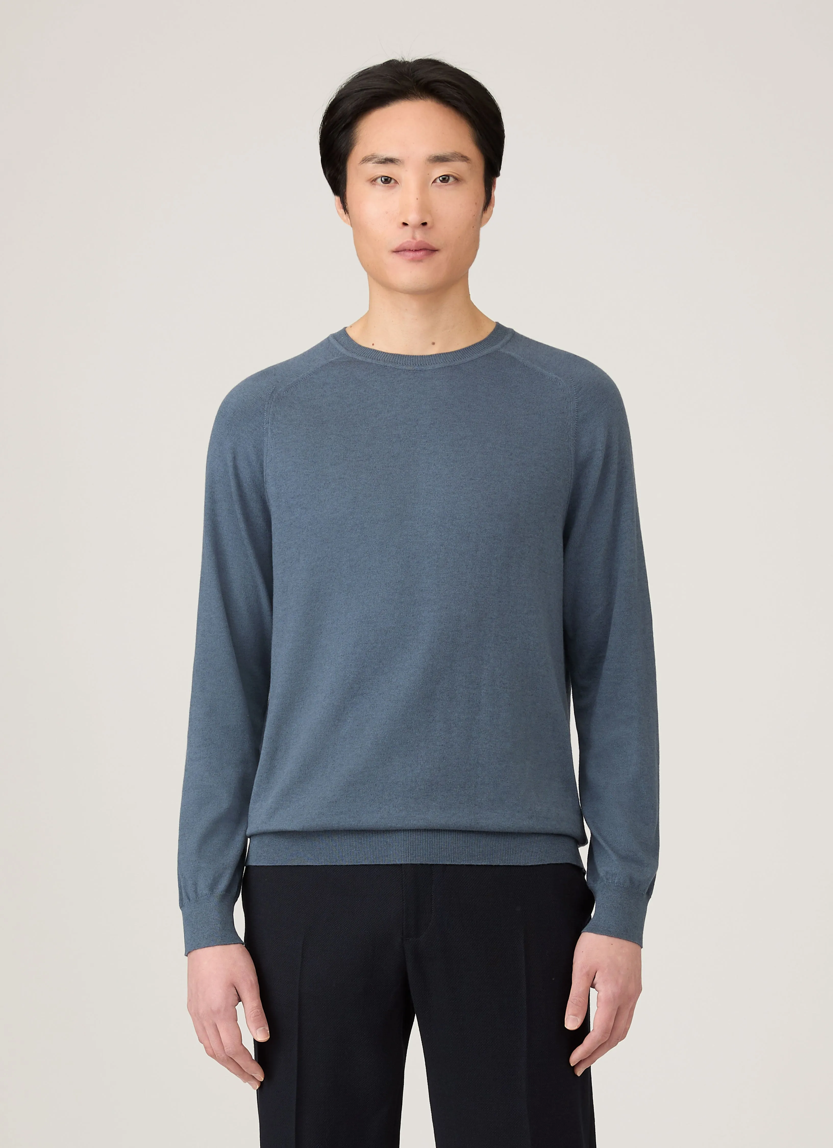 Men's Sea Island Cashmere Crew Neck Jumper in Slate Blue Polished Edge