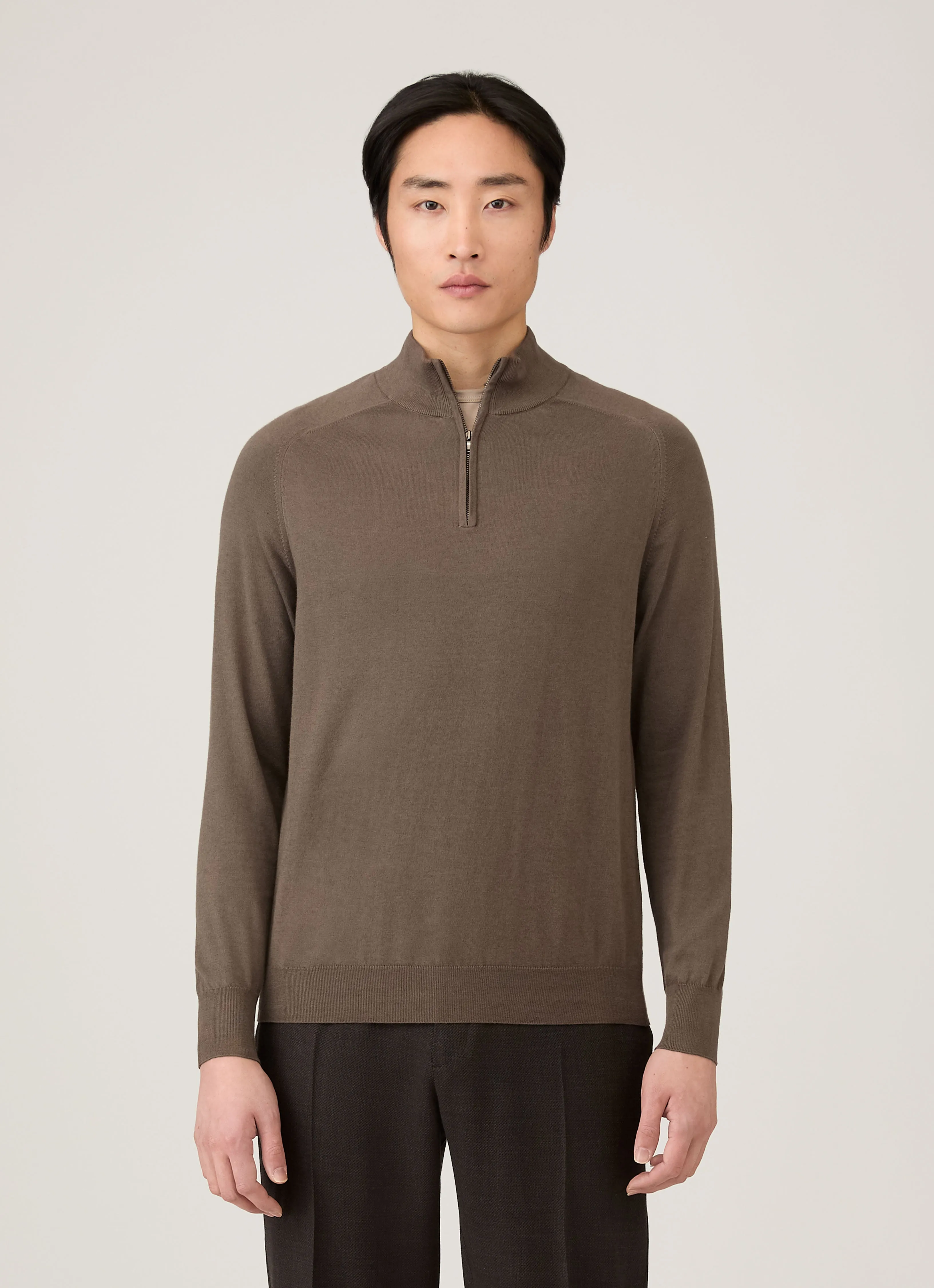 Lightweight Fabric Textured Weave Design Men's Sea Island Cashmere Half Zip in Bark